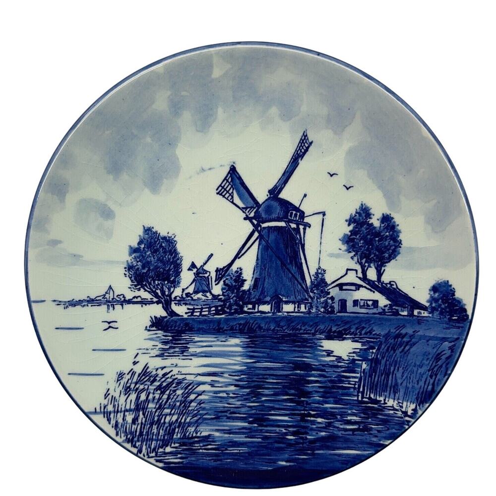 Delft Blauw Blue Delft Hand-Painted Windmill Plate Holland Boat 7" Decorative